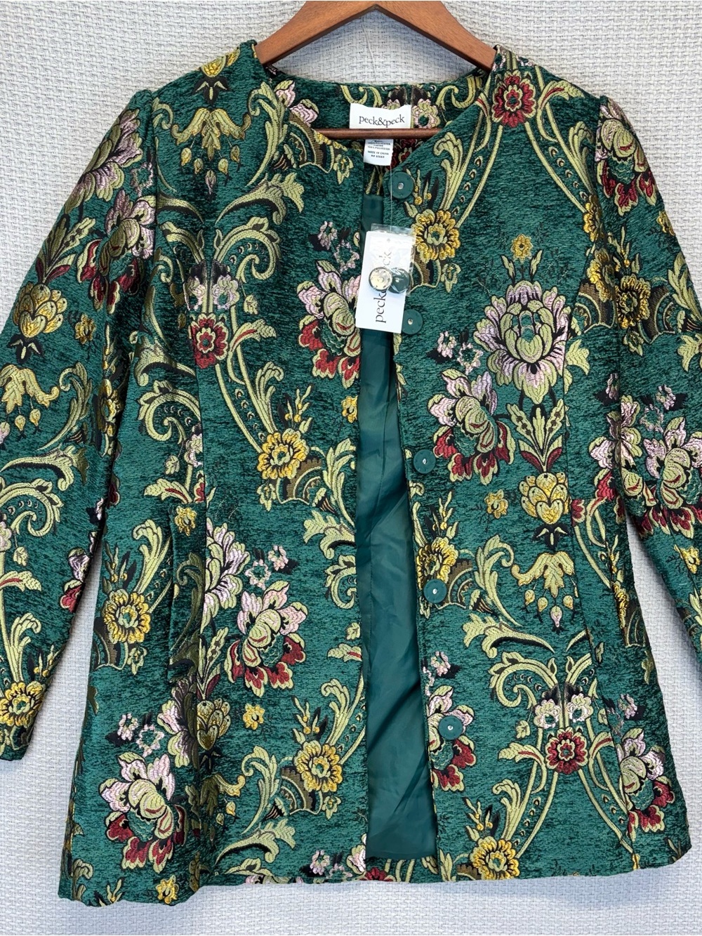 NWT Vintage Peck & Peck Tapestry Green Gold Coat Jacket Women S Brocade Floral - Picture 2 of 14